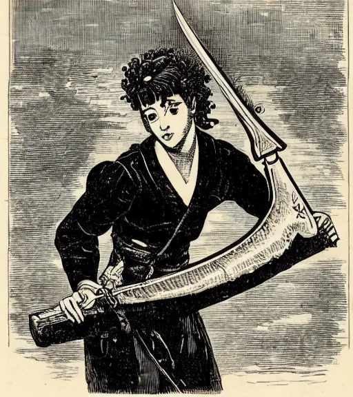 Image similar to 19th century wood-engraving of Ryūko Matoi cosplayer holding Scissor Blade, whole page illustration from Jules Verne book, art by Édouard Riou Jules Férat and Henri de Montaut, frontal portrait, high quality, beautiful, removed watermarks