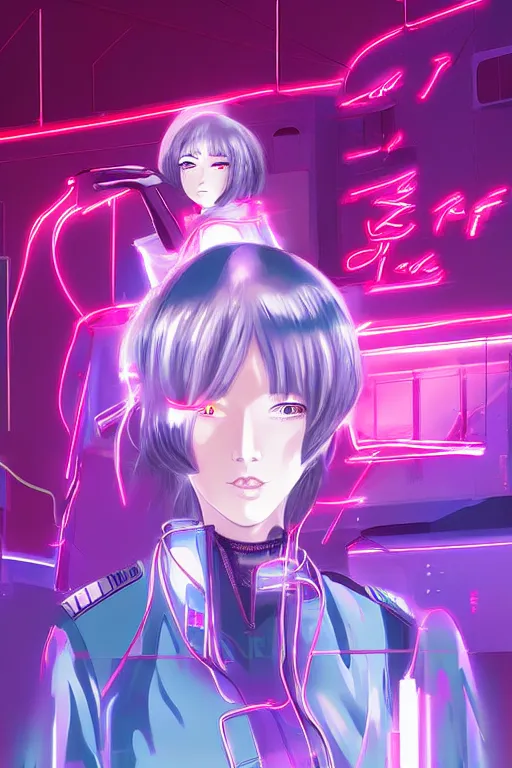 Image similar to portrait anime visual of futuristic female cyber airforce, on neon light tokyo snowy rooftop, by serafleur