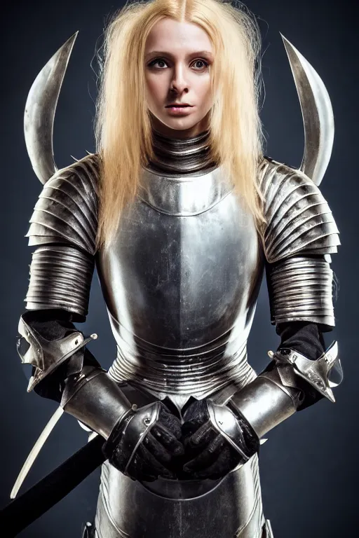 Prompt: medieval female knight, blonde hairs, no helmet, symmetrical, cinematic, elegant, demonic atmosphere, professional studio light, real dlsr photography, sharp focus, armor made by hans giger, 4 k, ultra hd, sense of awe