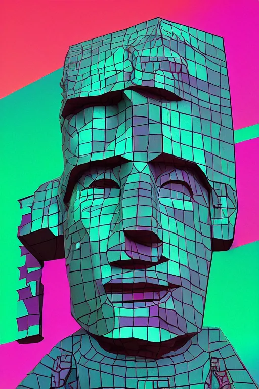 Image similar to cubist moai statue cutout digital illustration cartoon colorful beeple