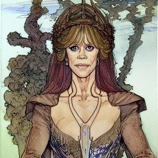 Image similar to a realistic and atmospheric watercolour fantasy character concept art portrait of jane fonda in her 2 0 s as a druidic warrior wizard looking at the camera with an intelligent gaze by rebecca guay, michael kaluta, charles vess and jean moebius giraud