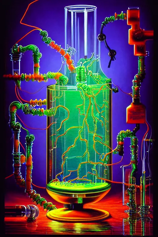 Prompt: a photorealistic painting of the transparent glass isometric nightmare zombie horror machine, chemistry glowing liquids, electronic wires and sparks, by johfra bosschart, lisa frank, dark fantasy art, high detail, trending on artstation