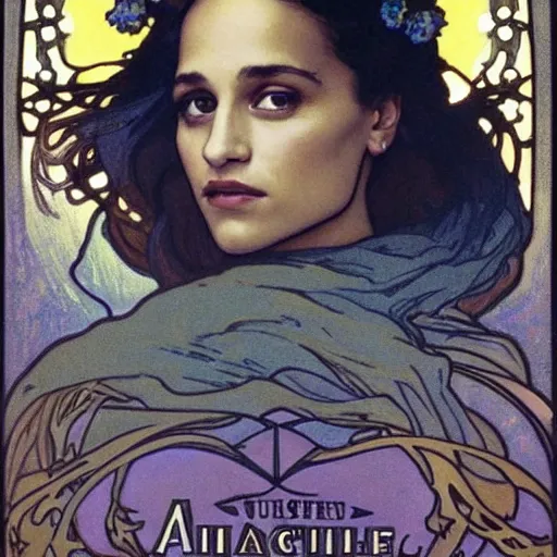 Image similar to alicia vikander portrait by louis - theophile hingre and alphonse mucha, realistic, sharp focus, zodiac signs, tarot cards, planets, ethereal, art nouveau, magic, moon, sun, crown, dreamy, royal, jewellery