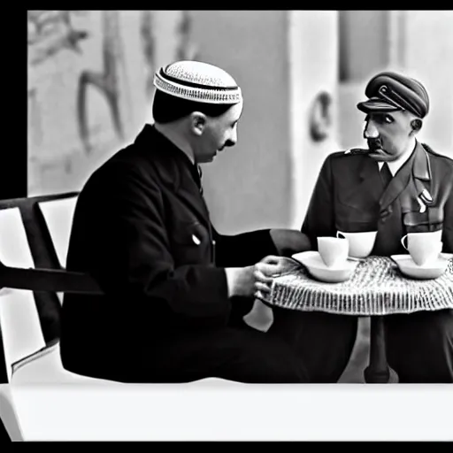 Image similar to a photo of hitler take tea with a muslim, photorealistic, realism, black and white