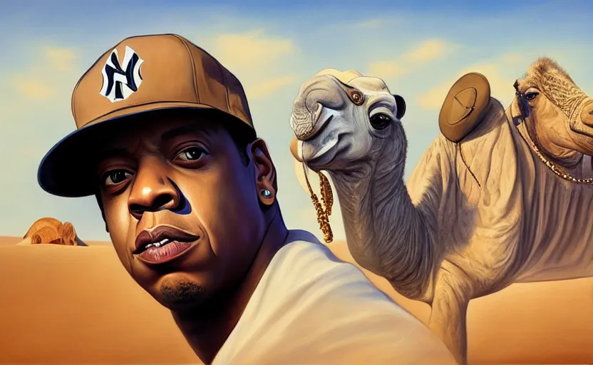 Prompt: portrait of jay - z wearing a yankee baseball hat, next to a camel, sand desert fantasy, matte painting, highly detailed, art by artgerm, artstation