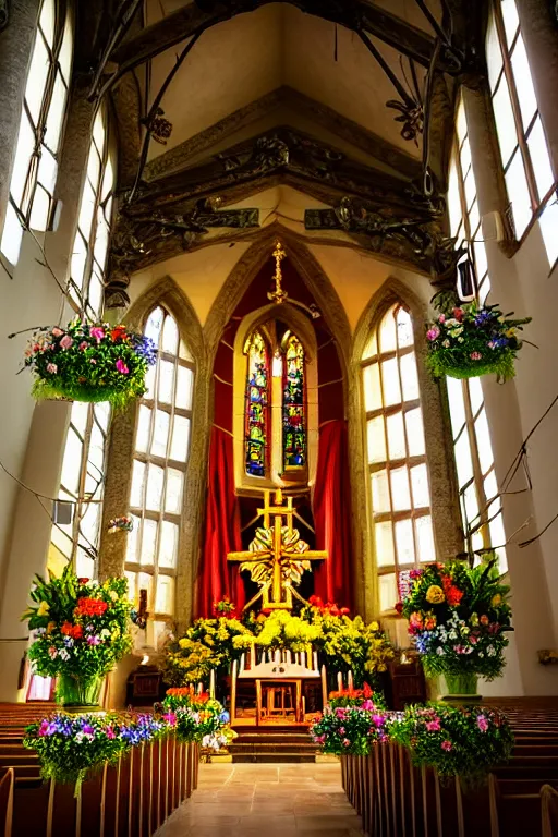 Prompt: photo inside a church full of flowers, ornate, highly detailed