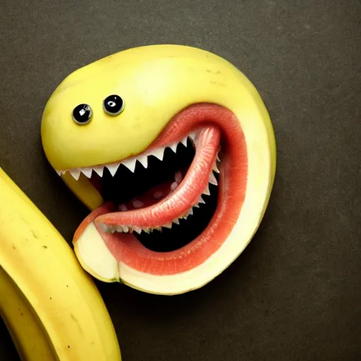 Image similar to a banana with a huge mouth and sharp teeth eating itself