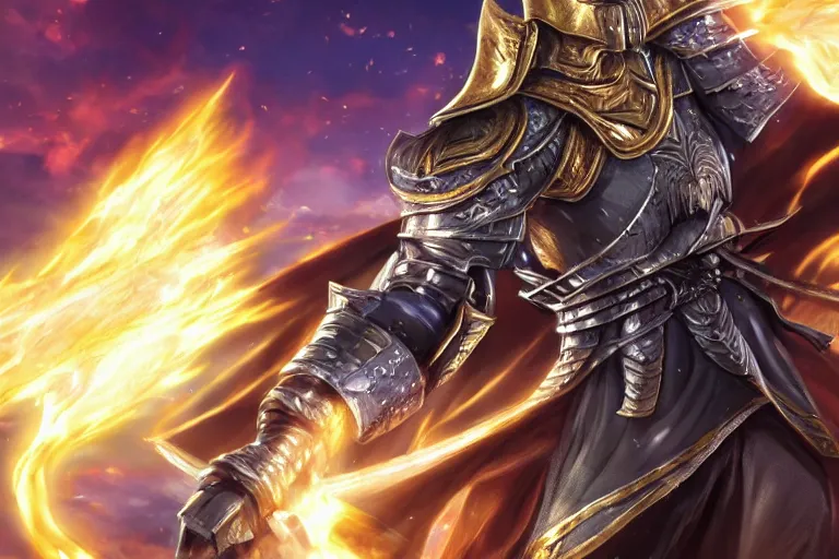 Image similar to an ultra detailed portrait of saladin as a shonen anime protagonist charging into battle wearing bright gold armor and huge flaming longsword blessed by god, epic anime fantasy, 8 k, volumetric lighting, smooth, highly detailed, digital illustration, art by kentaro miura and akira toriyama and artgerm