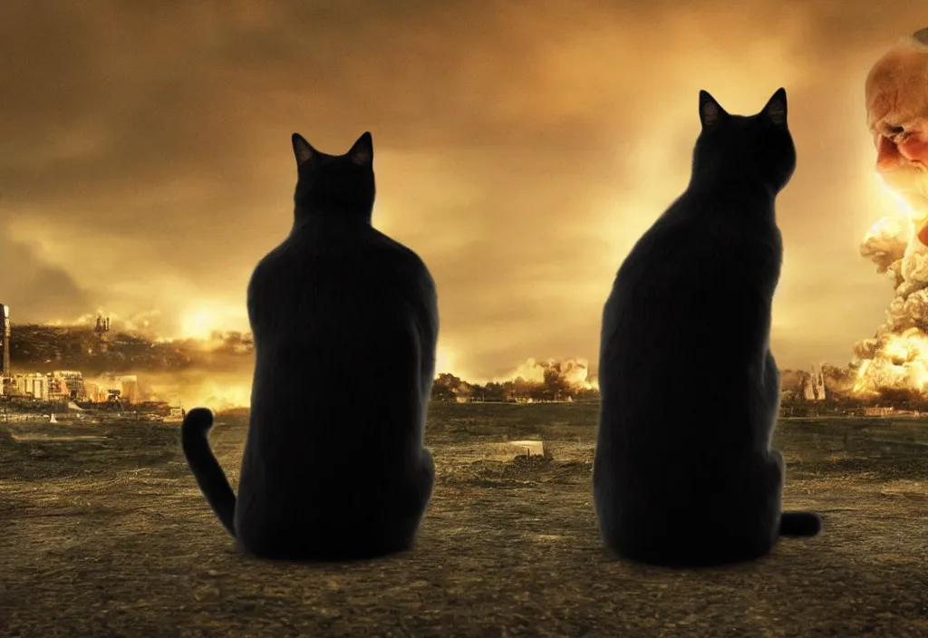 Image similar to old man sitting with black cat watching nuke explosion close up shot from behind, cinematic movie close up shot from behind, background blur bokeh, world ending nuke, 4 k