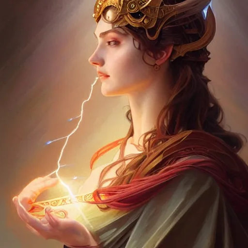 Image similar to portrait of a goddess of elemental lightning, half body, perfect face, d & d, fantasy, intricate, elegant, highly detailed, digital painting, artstation, concept art, smooth, sharp focus, illustration, art by artgerm and greg rutkowski and alphonse mucha