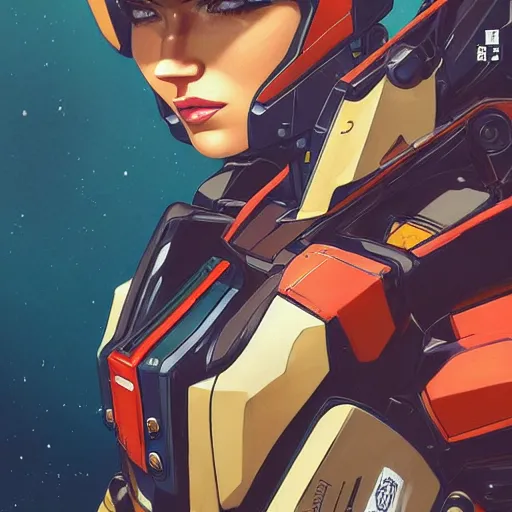 Image similar to a portrait of a stunning beautiful elite megan fox gundam pilot, with an intricate, detailed, urban inspired hiphop afro futuristic helmet, vector behance hd jesper ejsing, rhads, makoto shinkai, lois van baarle, ilya kuvshinov, rossdraws, hd, 3 2 k, ilya kuvshinov, gustav klimt