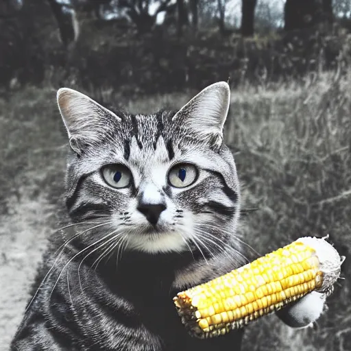 Image similar to low resolution photograph of a cat eating corn on the cob