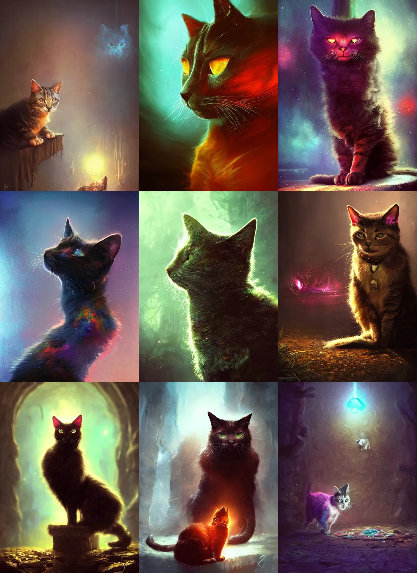 Prompt: psilocybin cat, vivid colors, dark shadows, contrast, concept art, sharp focus, digital art, Hyper-realistic, 4K, Unreal Engine, Highly Detailed, Dramatic Lighting, Beautiful, by Brom, bastien lecouffe-deharme