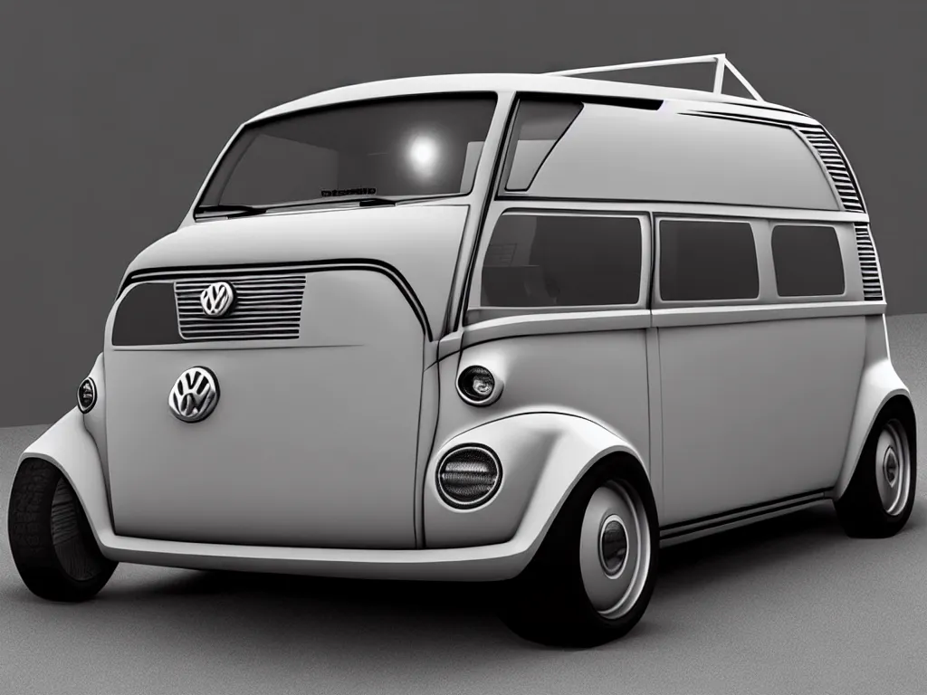 Image similar to bw 3 d render concept car of a van volkswagen and fiat 5 0 0, hyperrealism, detailed textures, photorealistic 3 d, ultra realistic, cinematic, intricate, cinematic light, unreal engine 8 k, octane render, unreal engine by david kostic and stanley lau and artgerm and philippe stark