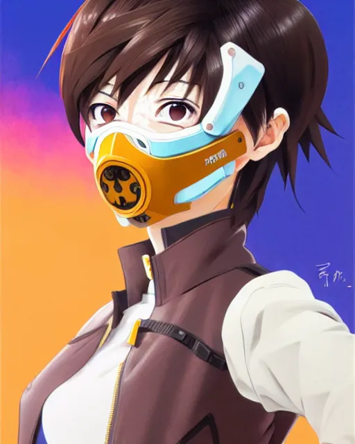 Image similar to Anime as Tracer Overwatch wearing snowboard mask, wearing brown leather coat || cute-fine-face, pretty face, realistic shaded Perfect face, fine details. Anime. realistic shaded lighting poster by Ilya Kuvshinov katsuhiro otomo ghost-in-the-shell, magali villeneuve, artgerm, Jeremy Lipkin and Michael Garmash and Rob Rey as Overwatch Tracer