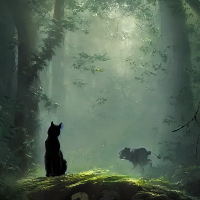 Image similar to a beautiful painting of a single cute black cat in a forest. pixar character design by cory loftis, fenghua zhong, ryohei hase, ismail inceoglu and ruan jia. artstation, volumetric light, detailed, photorealistic, rendered in octane