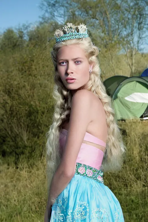 Image similar to a princess with long blonde hair and light blue eyes wearing a strapless elaborately beaded pink dress standing next to a green popup camping tent, high resolution film still, 8k, HDR color, film by Simon Langton and David Frankel, triangular face, very light freckles, round narrow chin, straight jawline, natural lips, high cheekbones, beautiful gazing eyes, green outdoor camping tent, pink tiara