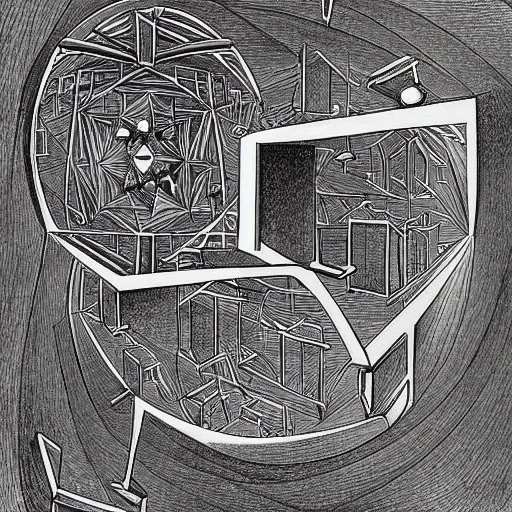 Image similar to Quantum mechanics portrayed in a drawing by M. C. Escher