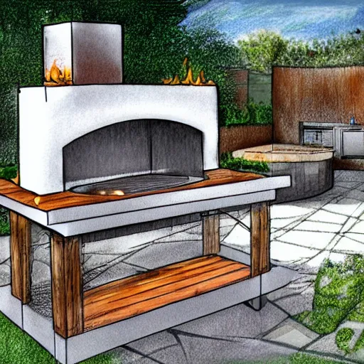 Image similar to new concept for small outdoor open kitchen design with grill and pizza oven, designer pencil sketch, HD resolution