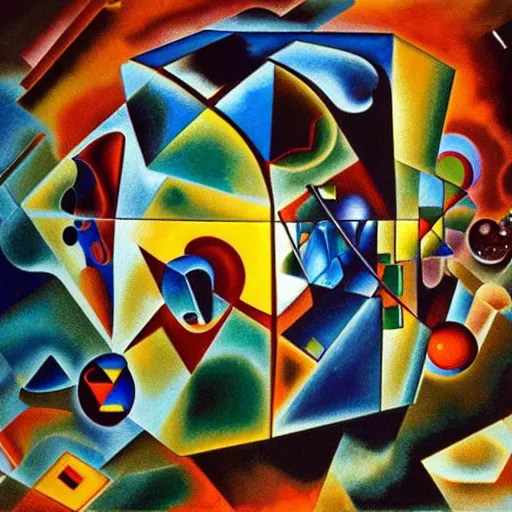 Prompt: a hd surrealism painting of 3d cast glass galactic hypercube sculptures by dali and kandinsky, ultra detailed, 8k