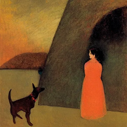 Image similar to a woman and her black and brown chihuahua looking out to sea by odilon redon