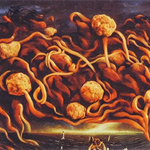 Image similar to a giant mess of women bodies with spaghetti bolognesa and meatballs flying in the stormy sky by dali