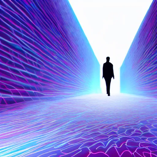 Image similar to an abstract animation of a man walking into a void of non space