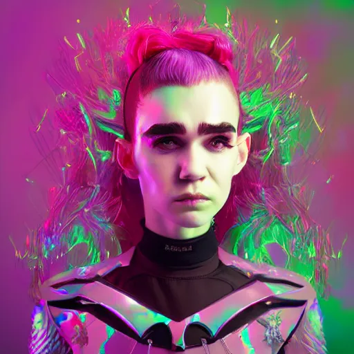 Prompt: album cover of Grimes as a highly detailed holographic super villain character, trending on artstation, concept matte