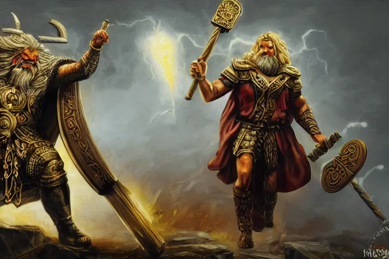 Image similar to mythological angry odin all father supreme God of thunder and smithing and artificial intelligence creating an artificial neural network with gold synapses on an anvil with his mighty hammer, high resolution, award winning art, trending on art station, sharp image, incredibly detailed, detailed character, realistic painting, hyper-realistic painting, coherent painting