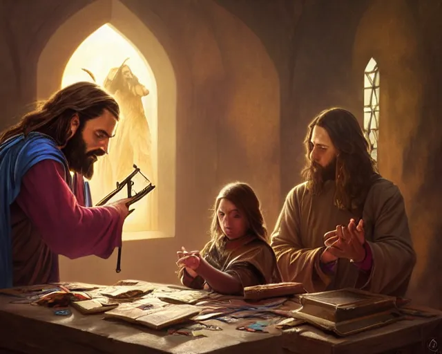 Prompt: photography of jesus christ teaching a child how to use a ak 4 7, d & d, fantasy, intricate, elegant, highly detailed, digital painting, artstation, concept art, matte, sharp focus, illustration, hearthstone, art by artgerm and greg rutkowski and alphonse mucha