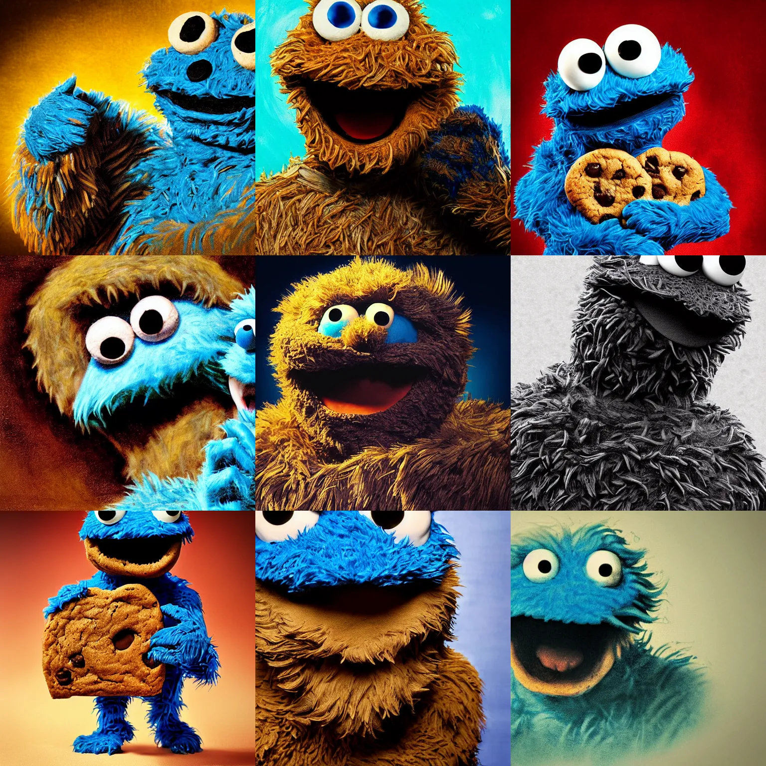 Prompt: Cookie Monster portrait in the style of Frank Frazetta, closeup, photograph