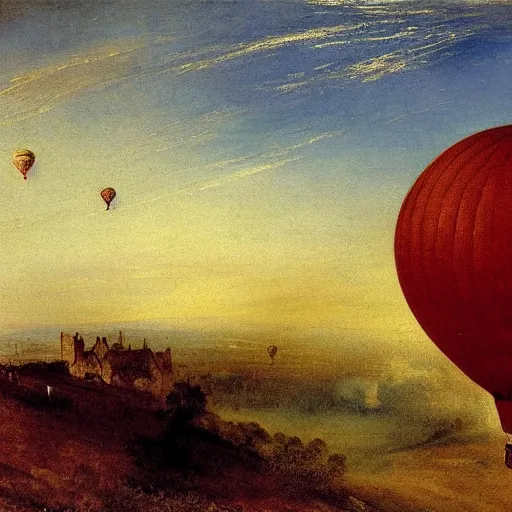 Prompt: Kent countryside, hot air balloons, by J.M.W Turner