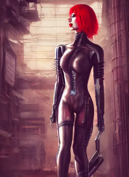 Prompt: a full body beautiful woman with red hair and blue eyes, wearing a cyberpunk outfit by hr giger, artgerm, sakimichan, weapons, electronics, high tech, cyber wear, latex dress, bandage, concept art, fantasy, cyberpunk