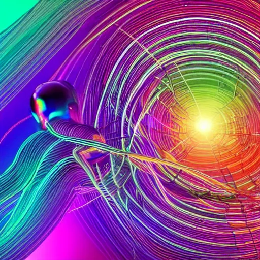 Image similar to android with cables attached to it's head and emitting swirling waves of beautiful color, dmt, 8 k resolution, iridescent, beautiful