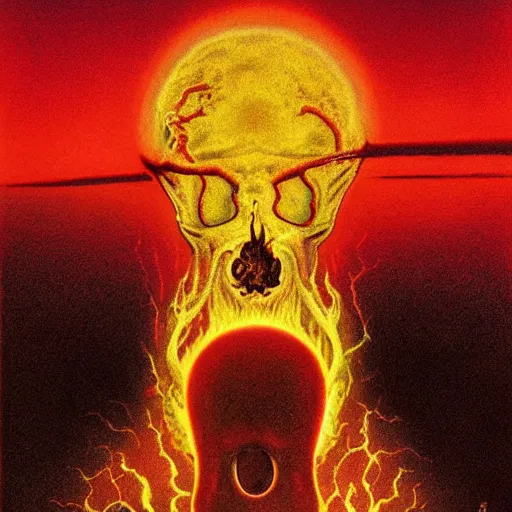 Prompt: symmetrical tarot card, the pikachu skull elder god, Zdzisław Beksiński art, figure silhouetted by burning sun, detailed, intricate, elegant, cgsociety, haunting, luxurious, ominous, matte painting, cinematic, Yoshitaka Amano, horizontally symmetrical, Wayne Barlowe