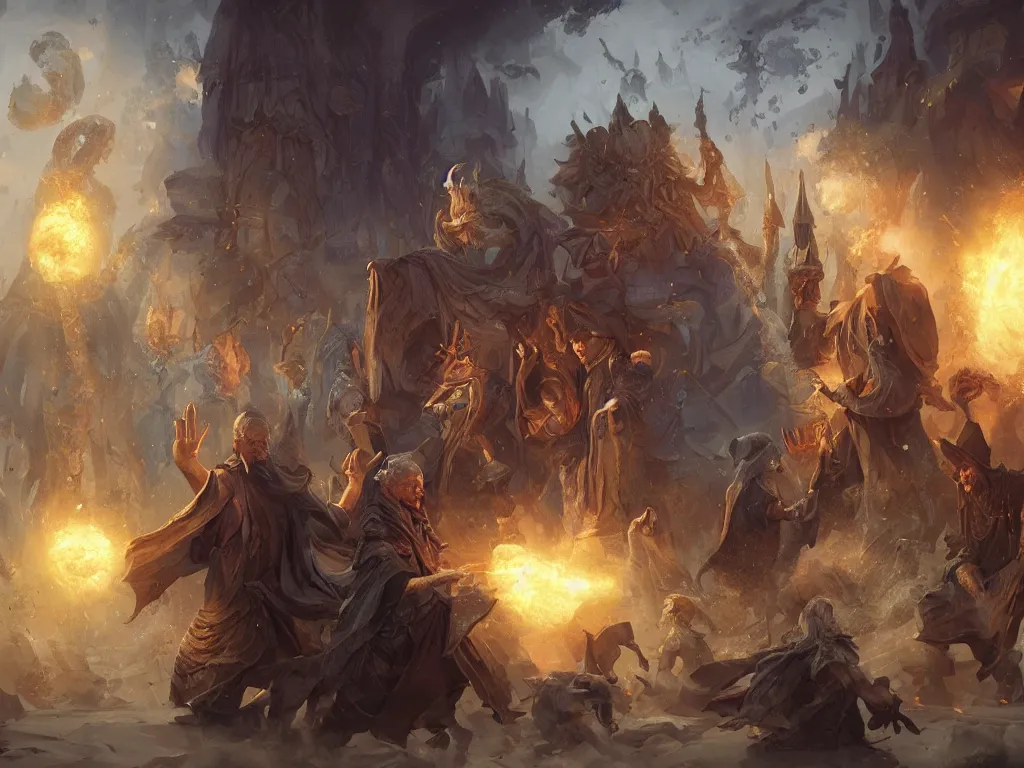 Prompt: an old wizard teaching apprentices a visual spell in the baroque era, hearthstone art style, epic fantasy style art by Craig Mullins, fantasy epic digital art, epic fantasy card game art by Greg Rutkowski