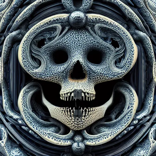 Prompt: Macro photography of fractal dragon scale, fantasy skull, intricate ornate details, Miniature faking, mandelbrot, octane render, 8k, high quality, volumetric lighting, smooth surface render