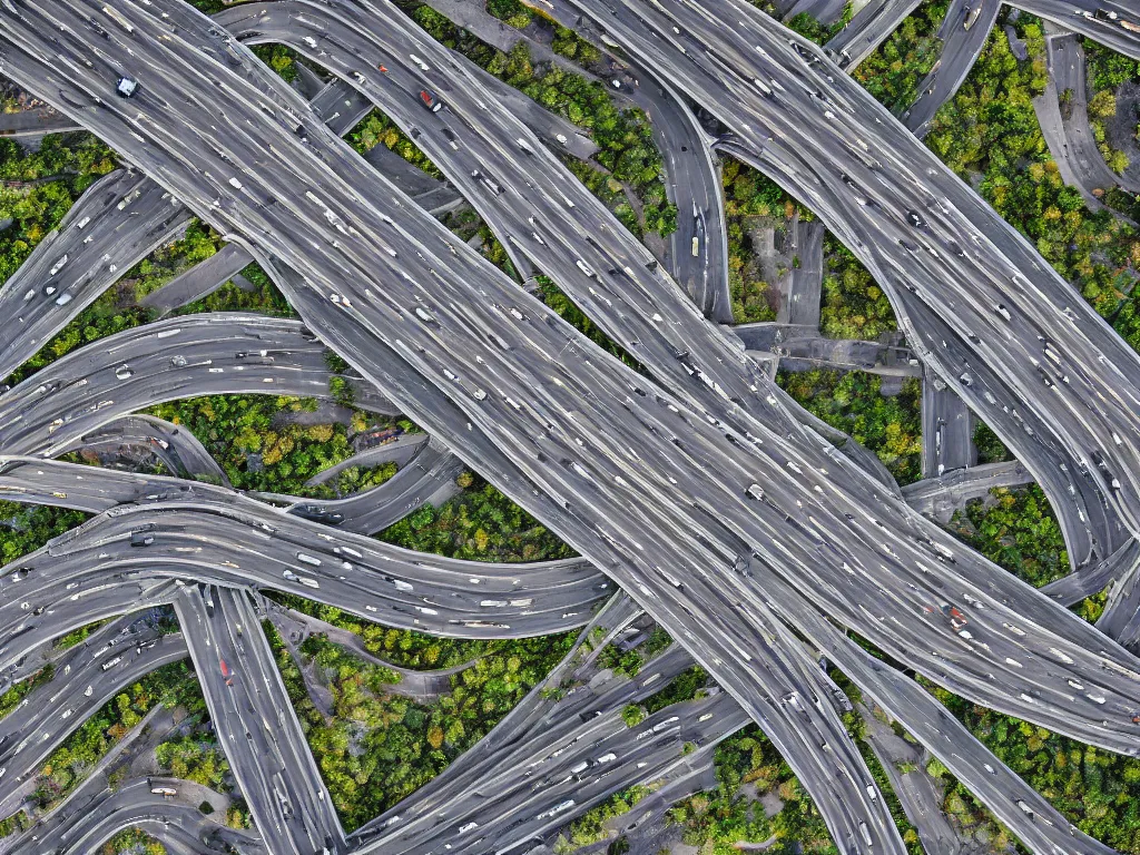 Image similar to drone view of a large highway through city, Brutalist architecture,sharp focus,telephoto lens,digital art 4k