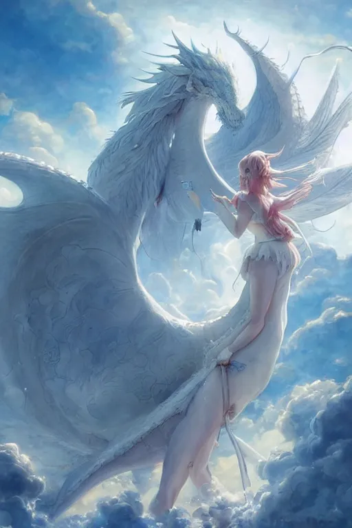 Prompt: beautiful scene render that a princess rely on a huge silver white dragon back, finely detailed angelic face delicate features, in the fairyland surrounded by white clouds, perfectly shaded, atmospheric lighting, style of makoto shinkai and peter mohrbacher, studio ghibli. artgerm, karol bak, beeple, animation style, 4 k hd, hyper detailed