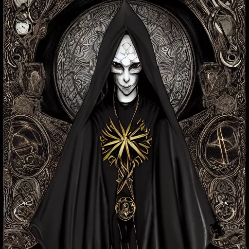 Image similar to Be Occult, a worshipper of the dark arts here for the madness, donned in an ebony cloak, fantasy, intricate, elegant, highly detailed, digital painting, artstation, concept art, shining, sharp focus, illustration, in the style of dark anime