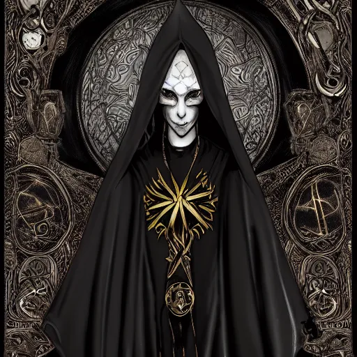 Prompt: Be Occult, a worshipper of the dark arts here for the madness, donned in an ebony cloak, fantasy, intricate, elegant, highly detailed, digital painting, artstation, concept art, shining, sharp focus, illustration, in the style of dark anime