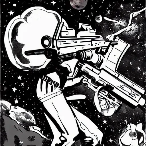 Image similar to space opera gunfight, in the style of wally wood, photorealistic