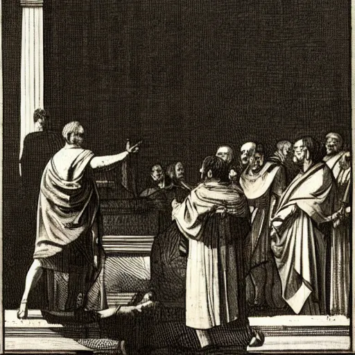 Prompt: Marcus tulius cicero giving a speech trashing Marc Antony, high resolution scan of original artwork