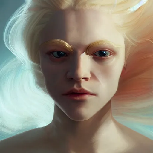 Image similar to a portrait of a beautiful androgynous blond man, albino pale white skin and long fluffy curly blond hair, Center parted curtain bangs, close up view, head and upper body, looking upward, fullface, light from above, by Peter Mohrbacher, trending on artstation, 8k