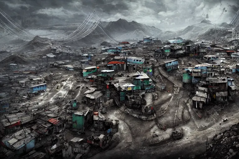 Image similar to favela winding cybernetic thrill ride, bleak arctic environment, industrial factory, somber, apocalyptic, award winning art, epic dreamlike fantasy landscape, ultra realistic,