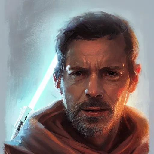 Image similar to portrait of a man by greg rutkowski, jedi master, arabian features, messy long black hair, wearing orange jedi robes, star wars expanded universe, he is about 6 0 years old, highly detailed portrait, digital painting, artstation, concept art, smooth, sharp foccus ilustration, artstation hq