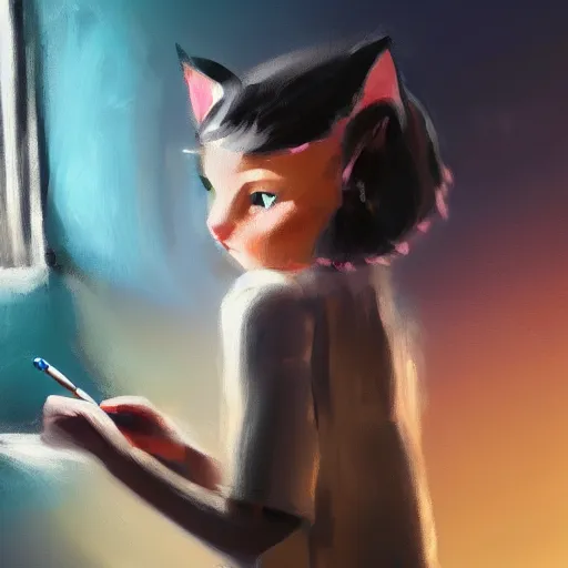 Prompt: girl writing on a blackboard, cat ears, expressive oil painting, trending on artstation, digital art, beautiful lighting, detailed