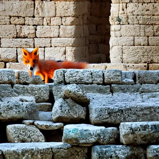 Prompt: A beautiful small fox in the huge ruins of the second temple in Jerusalem :: Dreamy sky :: The third temple hovers quietly in the sky above :: Very colorful painting 8k trending on art station :: Intricate details, very realistic, cinematic lighting, volumetric lighting, photographic blur bokeh defocus dof sky. -w 1024 -h 512 -n 9 -s 150 -c 15