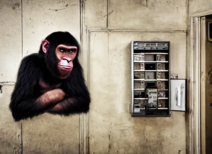 Image similar to scary half human half ape inside fuse box in post communist apartment building