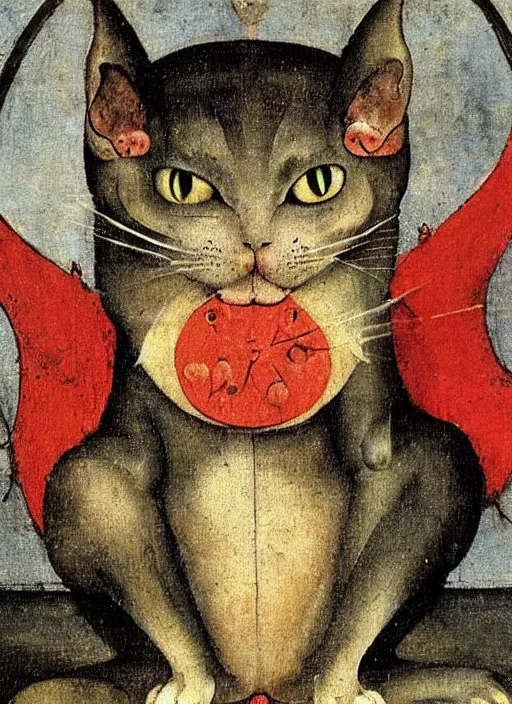 Image similar to red devil monster cat, Medieval painting by Hieronymus Bosch, Florence